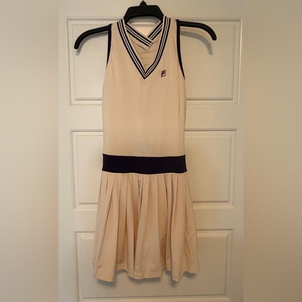 Fila Cream V-Neck Pleated Dress